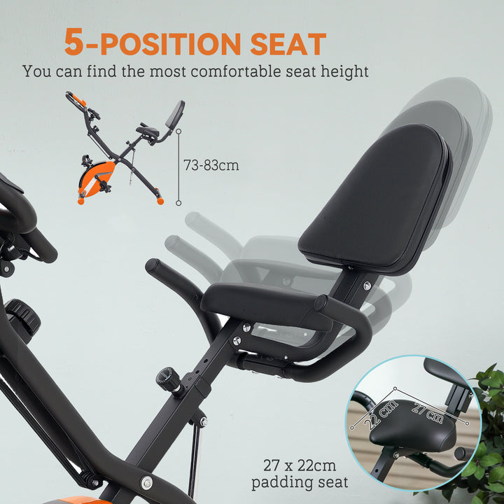 SPORTNOW Five-in-one Foldable Exercise Bike, Stationary Bike with Arm Workout Bands, LDC Monitor, Phone Holder, Orange