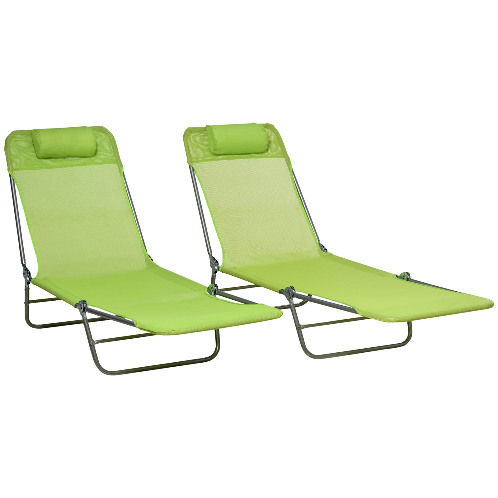 Set of Two Steel Frame Sun Loungers, with Reclining Backs - Green