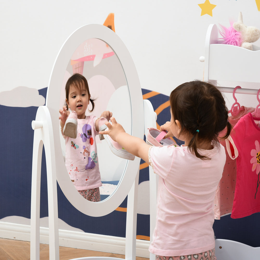 Free Standing Full Length Mirror, Child's Dressing Mirror with storage shelf, Children's White Bedroom Furniture 360° Rotation MDF, For 3- 8 Years Old, 40L x 30W x 104H cm