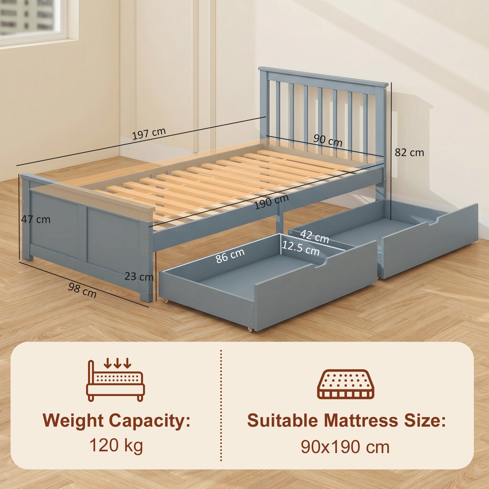 Pine Storage Bed, 3ft Single Solid Wooden Bed Frame with Drawers, Head