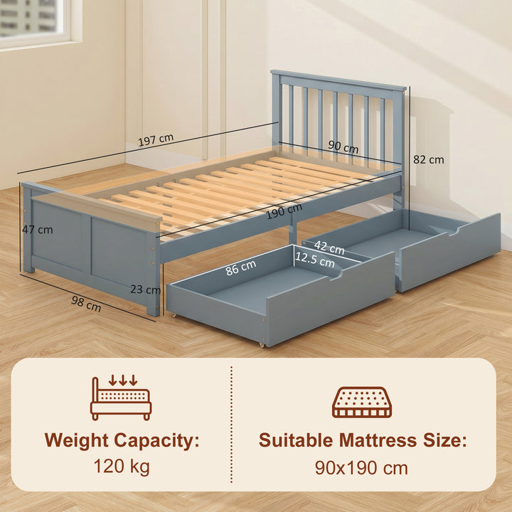 Pine Storage Bed, 3ft Single Solid Wooden Bed Frame with Drawers, Head