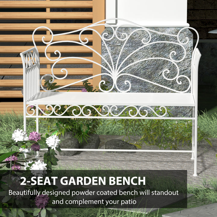 Outsunny Garden 2 Seater Metal Bench Park Seating Outdoor Furniture Chair w/ Decorative Backrest White