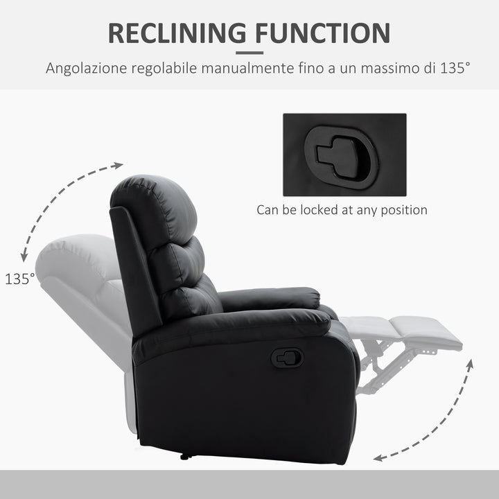 HOMCOM PU Leather Reclining Chair, Manual Recliner Chair with Padded Armrests, Retractable Footrest and Wood Frame, Black