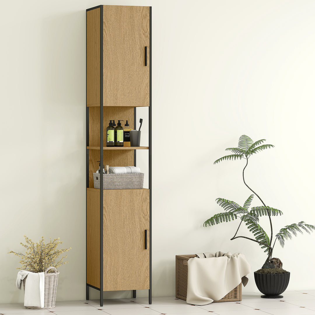 Tall Bathroom Cabinet with 2 Doors, Open Compartments and Adjustable Shelves - Natural Wood Finish