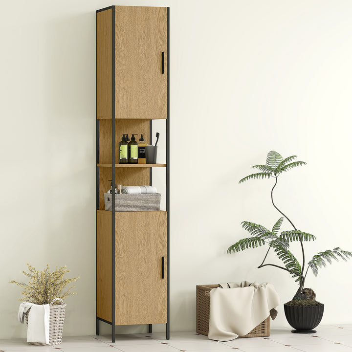 Tall Bathroom Cabinet with 2 Doors, Open Compartments and Adjustable Shelves - Natural Wood Finish