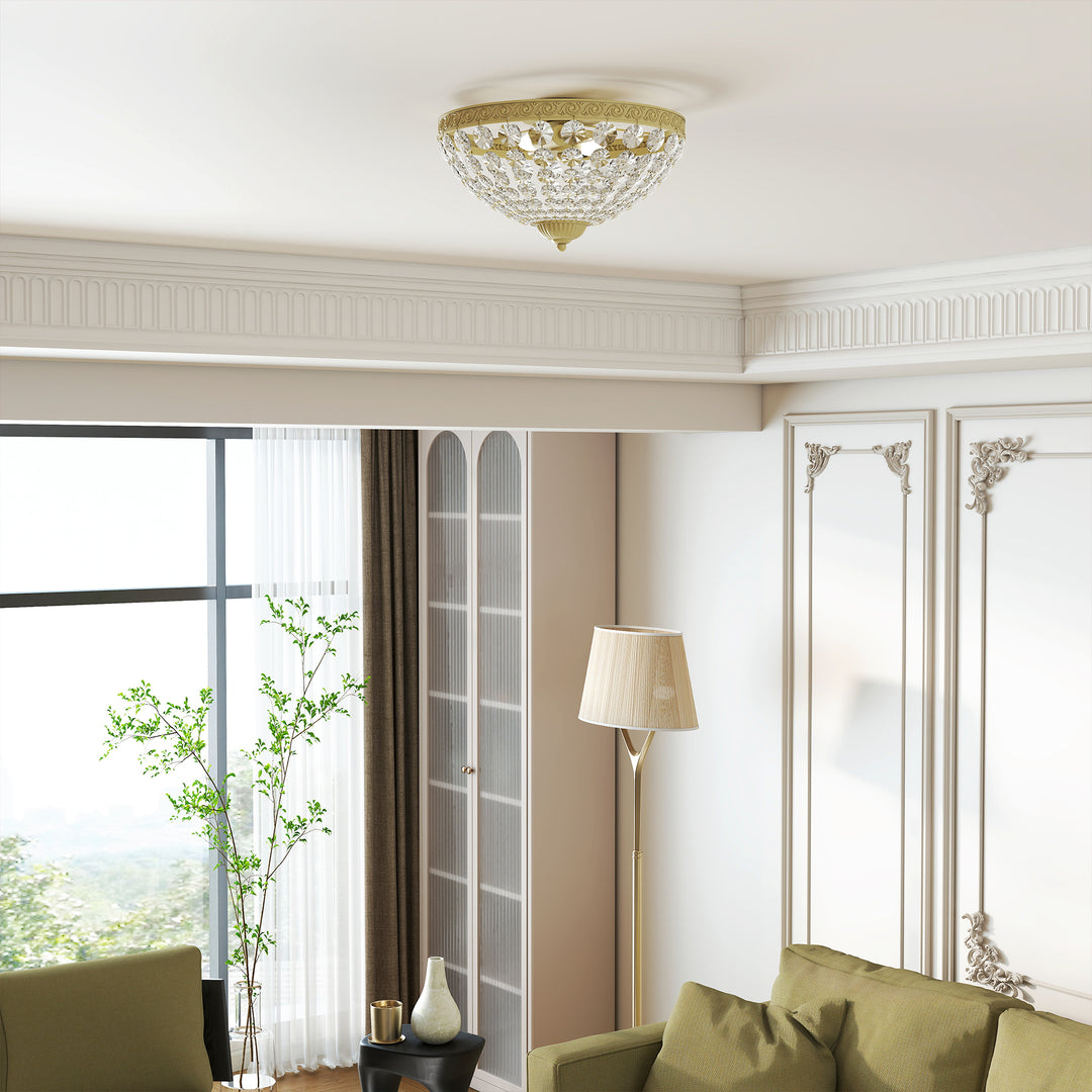 MCL Crystal Chandelier Ceiling Light with 168 Octagonal Beads, Vintage 2-Light Flush Mount Ceiling Light for Living Room, Bedroom, Hallway, Dining Room, Gold Tone