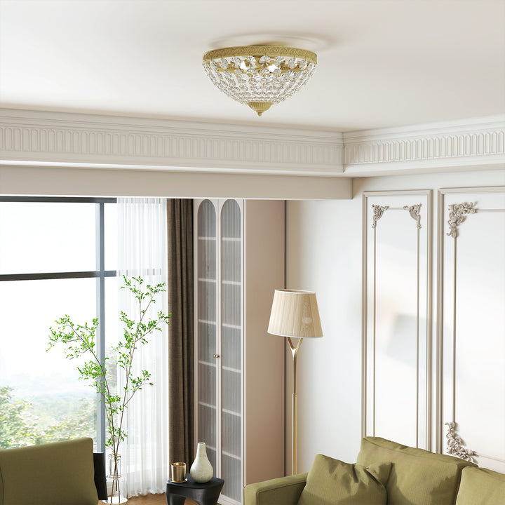 MCL Crystal Chandelier Ceiling Light with 168 Octagonal Beads, Vintage 2-Light Flush Mount Ceiling Light for Living Room, Bedroom, Hallway, Dining Room, Gold Tone