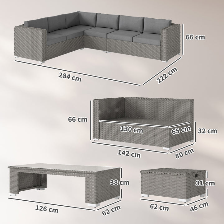 MCL 6 Pieces Outdoor PE Rattan Wicker Corner Sofa Set with 10cm Thick Padded Cushions, Aluminium Conservatory Furniture with Glass Top Coffee Table, Footstools, Grey