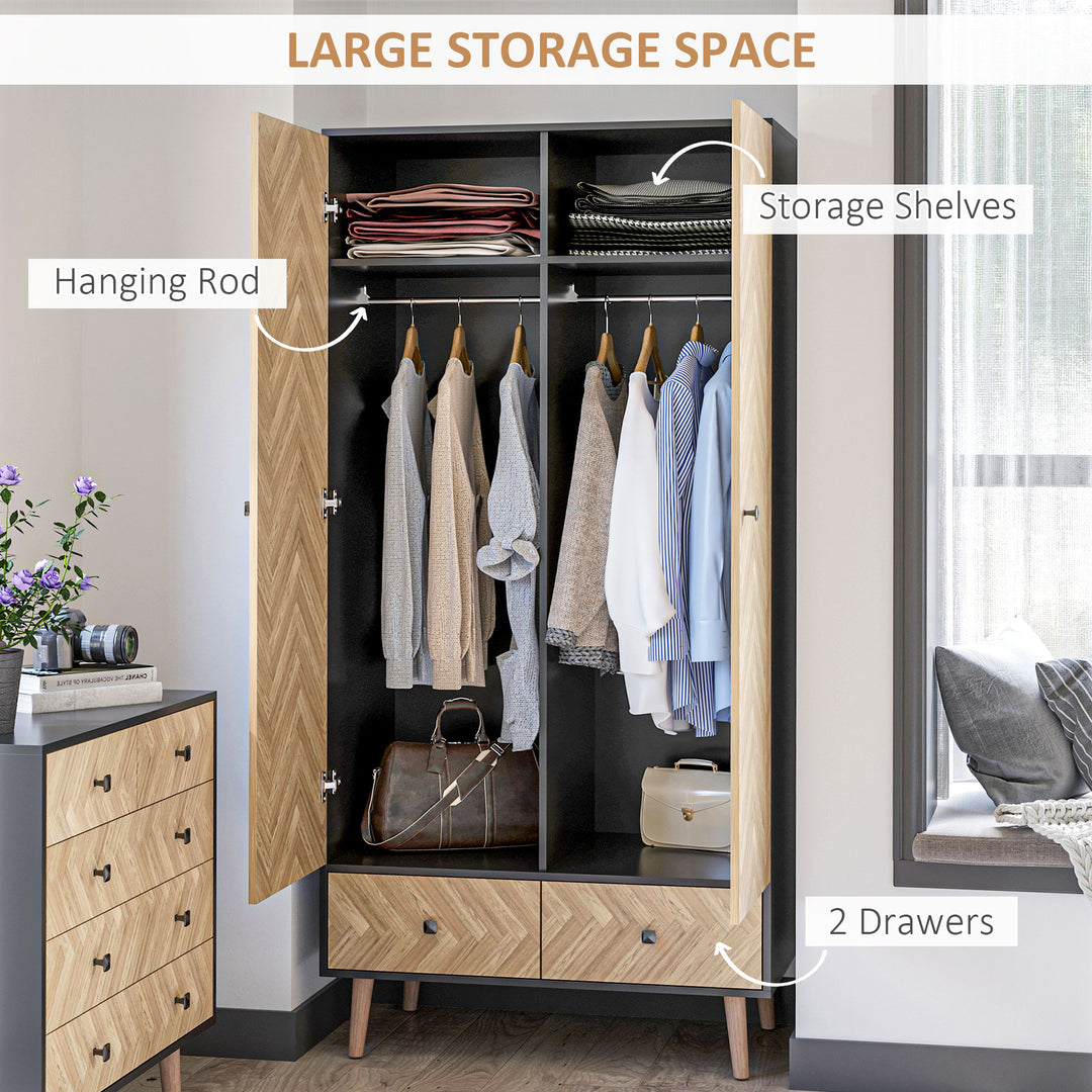 Modern Wardrobe Cabinet Wood Grain Sticker Surface with Shelf, Hanging Rod and 2 Drawers 90x50x190cm