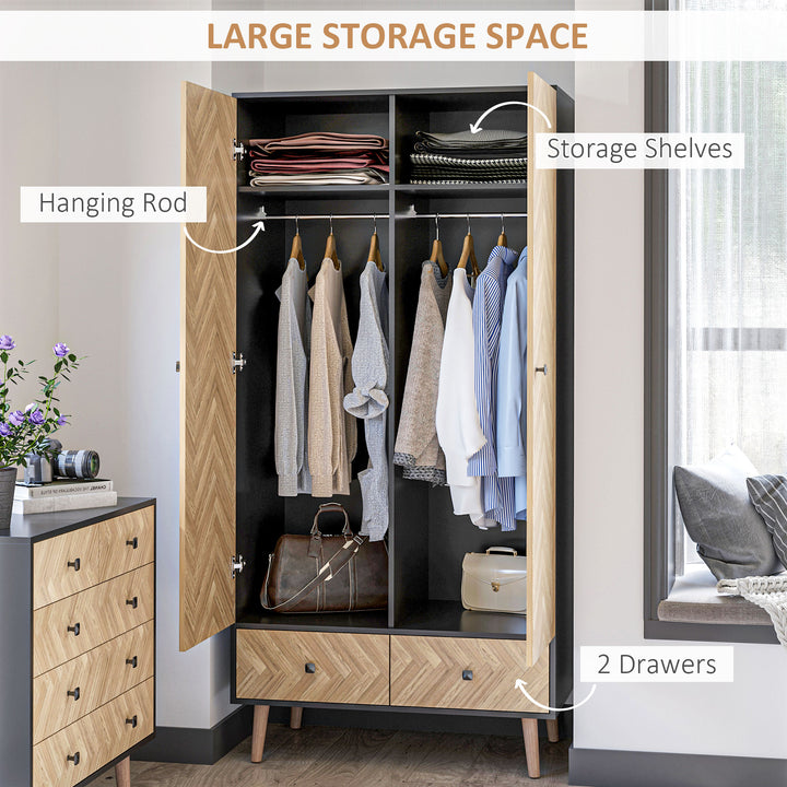 Modern Wardrobe Cabinet Wood Grain Sticker Surface with Shelf, Hanging Rod and 2 Drawers 90x50x190cm