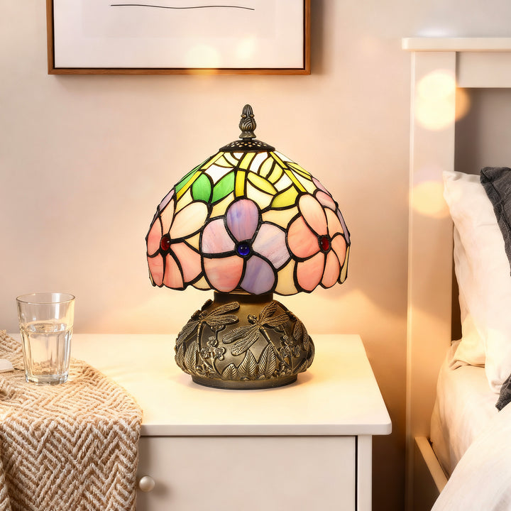 MCL Tiffany-Style Table Lamp with Sculpted Dragonfly Base, Handcrafted Antique Stained Glass Bedside Lamp for Living Room and Bedroom, E27 Socket, Pink