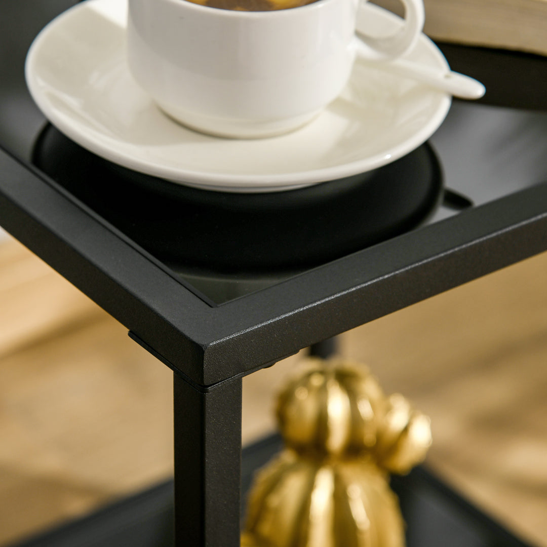 Tempered Glass Side Table with Storage, Modern 2-Tier Bedside Table with Steel Frame, Black