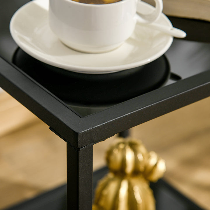 Tempered Glass Side Table with Storage, Modern 2-Tier Bedside Table with Steel Frame, Black