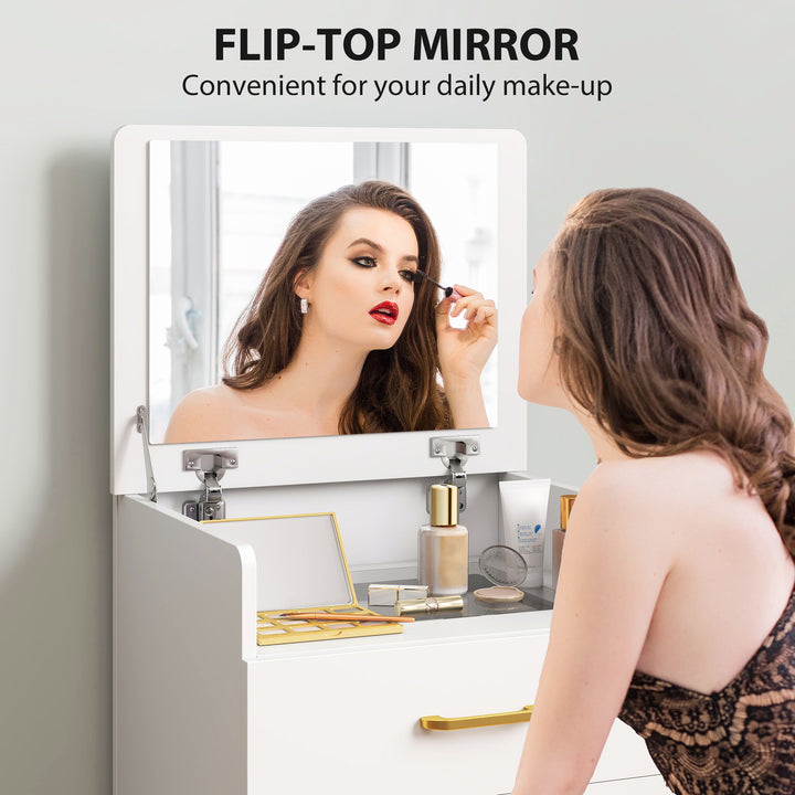 3 in 1 Dressing Table with Flip-top Mirror and Rolling Stool, Modern Vanity Desk with Visible Glass Tabletop, Drawers and Side Hook, Makeup Table with Cushioned Storage Stool for Bedroom, White
