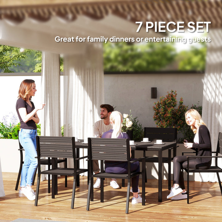 7 Piece Garden Furniture Set, 160 x 80 cm Rectangle Table and 6 Stackable Chairs Set, Outdoor Dining Set for Balcony, Deck, Dark Brown