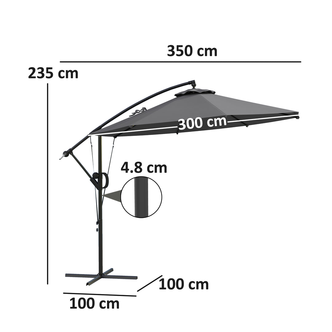 3(m) Garden Cantilever Parasol with Cover and Wind Protection Strap, Round Overhanging Umbrella with Crank Handle and Tilt, Banana Patio Umbrella for Outdoor Sun Shade, UPF50+, Grey