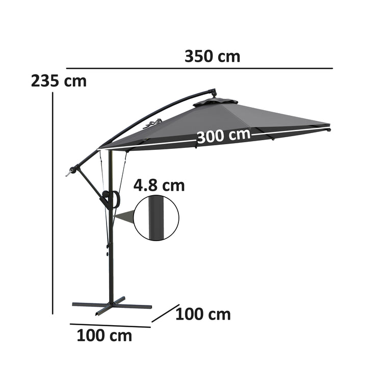 3(m) Garden Cantilever Parasol with Cover and Wind Protection Strap, Round Overhanging Umbrella with Crank Handle and Tilt, Banana Patio Umbrella for Outdoor Sun Shade, UPF50+, Grey