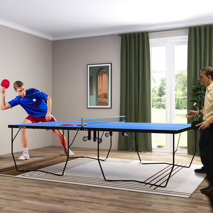 SPORTNOW 9FT Folding Tennis Table, with 8 Wheels, for Indoor Use