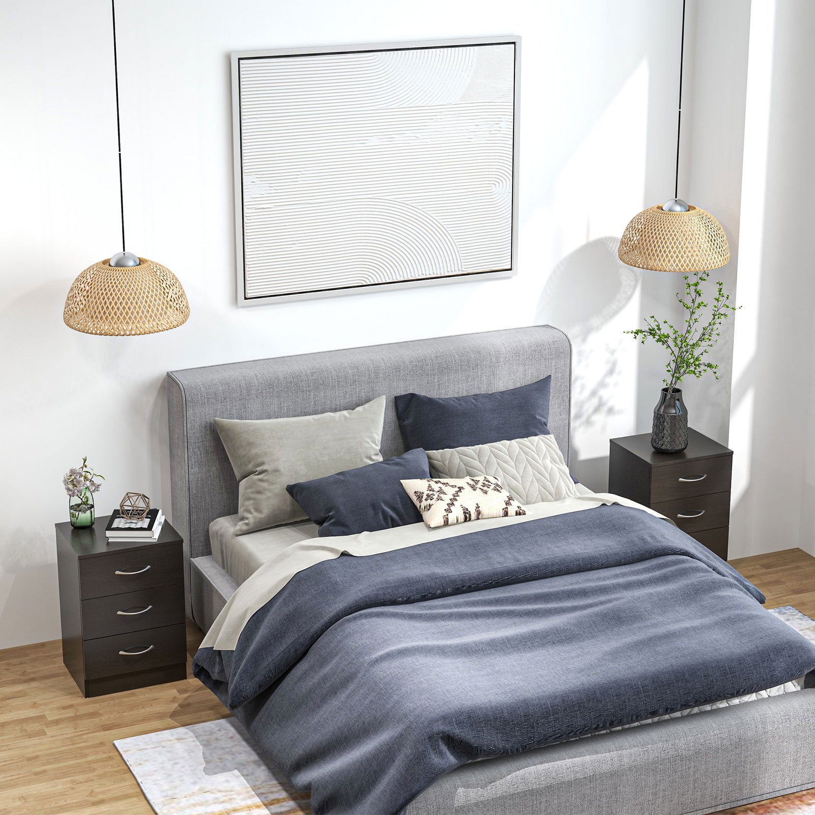 Bedside Cabinet with Drawer and Shelf, White Bedside Table for Bedroom, Living Room, Nightstand Side Table with Metal Rail Set of 2