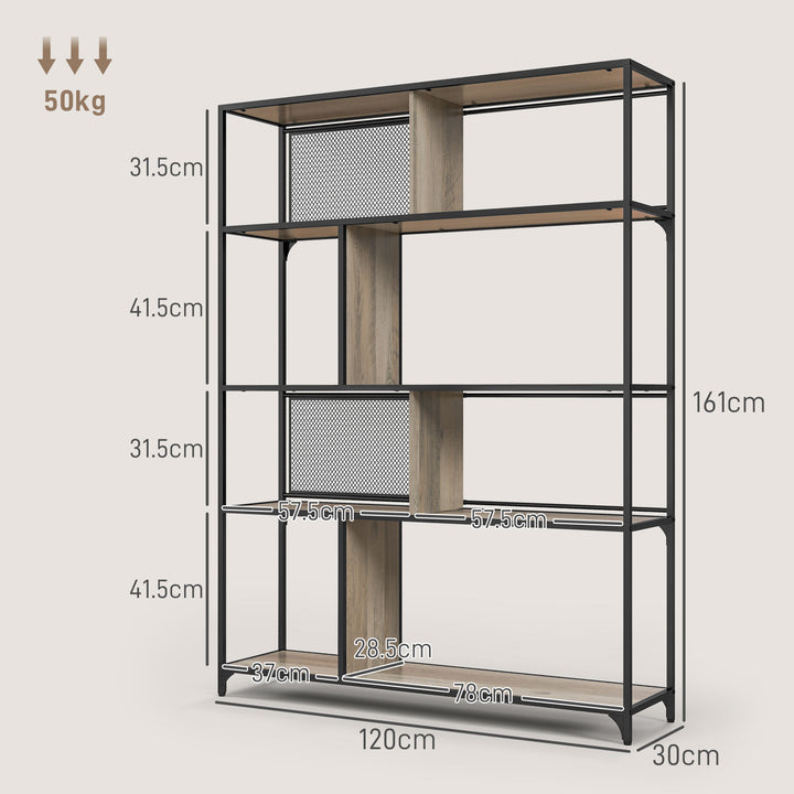 HOMCOM 5 Tier Book Shelf with Sliding Mesh Doors, Industrial Storage Shelves, Metal Shelving Unit for Living Room, Study, Bedroom, Grey Wood Grain