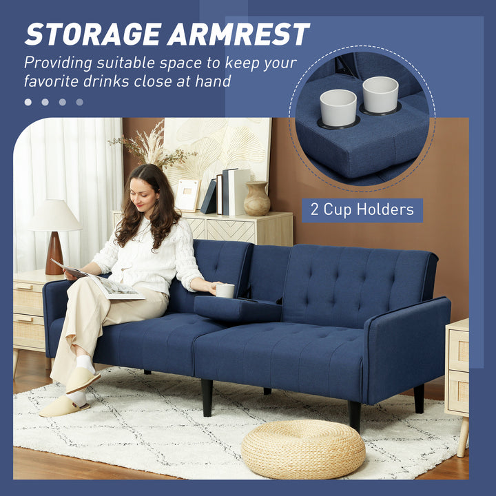 Three-Seater Sofa Bed, with Cupholders - Dark Blue