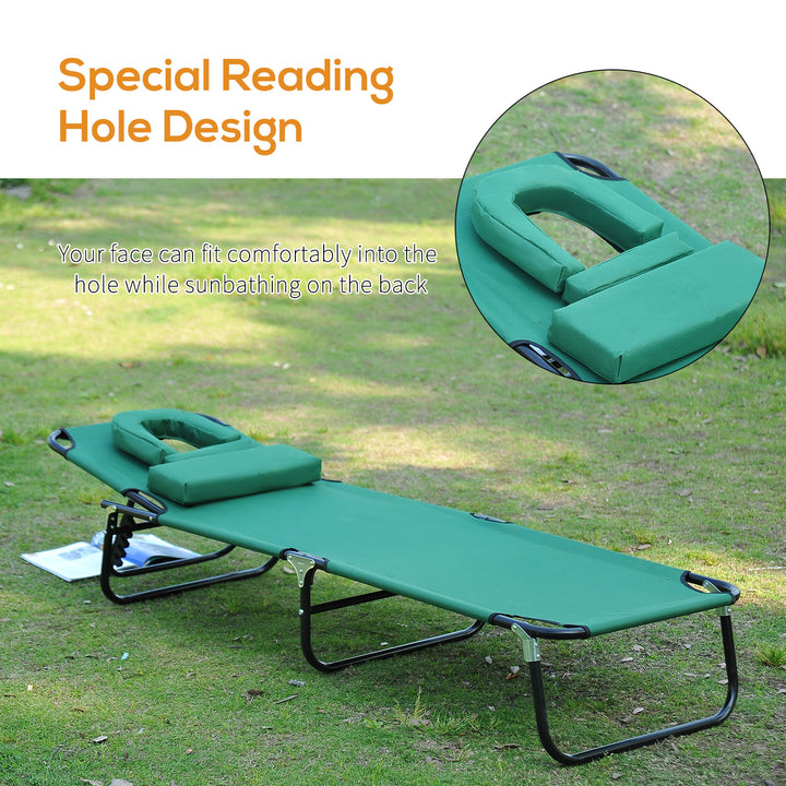 Outsunny Foldable Outdoor Sun Lounger Adjustable Backrest Reclining Chair with Pillow and Reading Hole Garden Beach, Dark Green