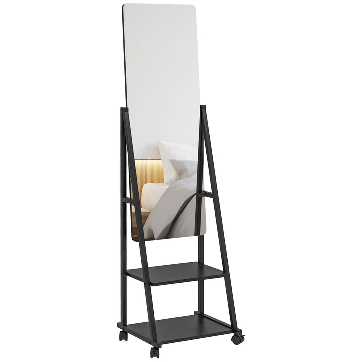 HOMCOM Rolling Full-Length Dressing Mirror on Wheels with Adjustable Angle & Storage Shelves for Bedroom | Aosom UK