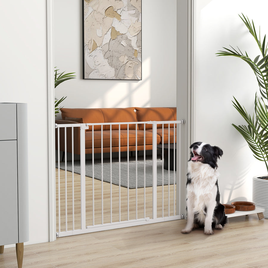 Dog Gate Pet Safety Gate Stair Barrier Pressure Fit Adjustable 76-82/86-97/101-107 cm, White