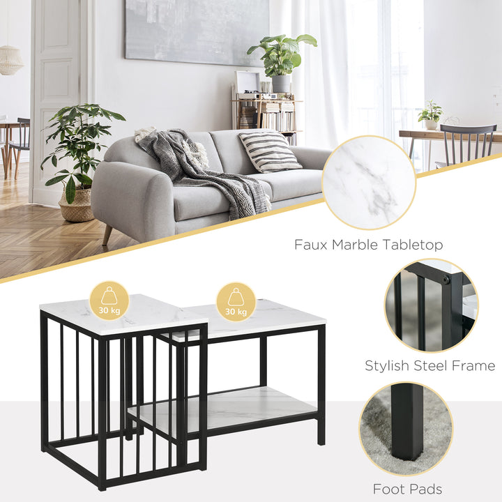 Modern Coffee Table Set of Two, Marble-Effect Nesting Side Tables with Steel Frame for Living Room, White, Black