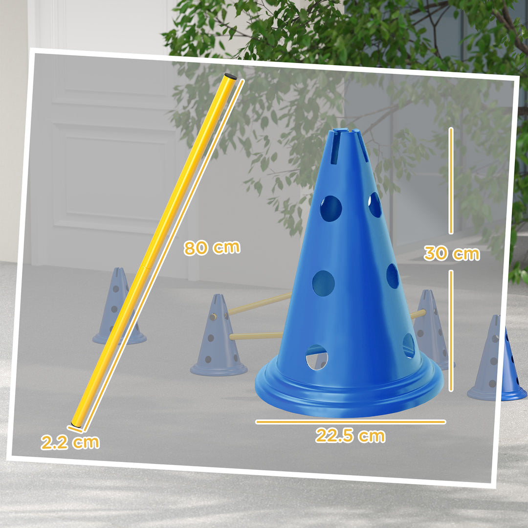 Dog Agility Equipment Set of Six Cones, Six Poles with Carry Bag, Three-Piece Adjustable Height Jumping Obstacles, Blue