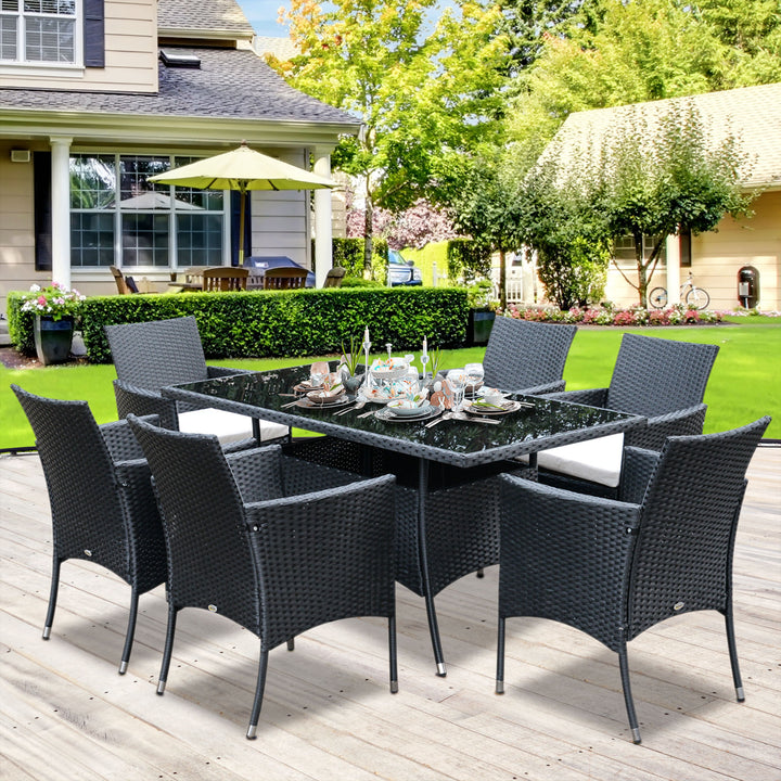 Outsunny 6-Seater Rattan Dining Set Garden Furniture Patio Rectangular Table Cube Chairs Outdoor Fire Retardant Sponge Black | Aosom UK