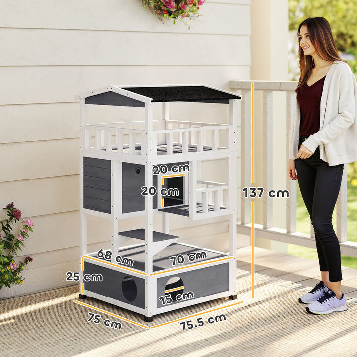 Wooden Outdoor Cat House, 3-Tier Cat Shelter with Tilted Roof, Terrace, Jump Step, Bottom Tray and Elevated Base, Waterproof Paint, Grey