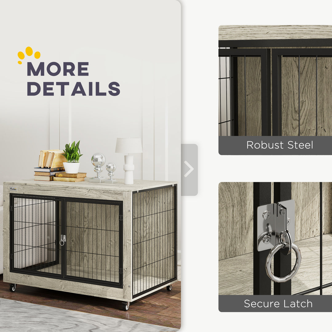 Dog Crate Furniture with Wheels, Double Doors, for Large Dogs, Grey