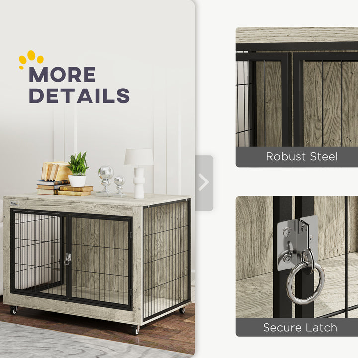 Dog Crate Furniture with Wheels, Double Doors, for Large Dogs, Grey