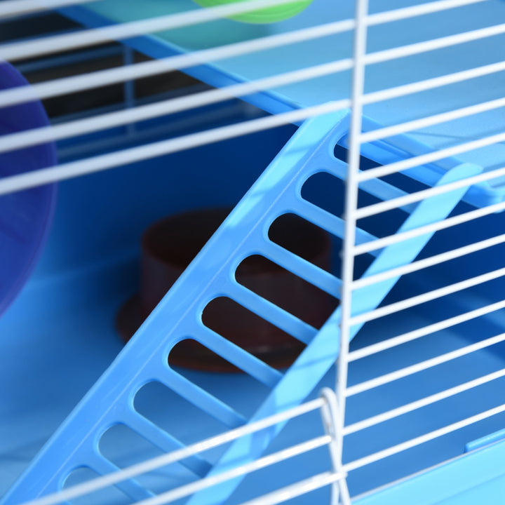 2 Tier Hamster Cage, Gerbil Cage with Handle, Exercise Wheels, Tunnel, Tube, Water Bottle, Dishes, Ladder, for Dwarf, Blue