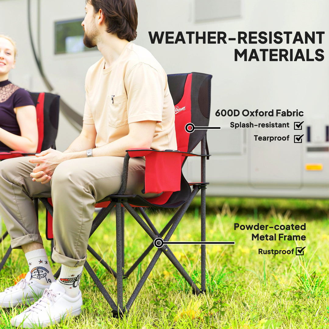Set of 2 Folding Camping Chairs, Padded Camping Chairs with Adjustable Armrests, Portable & Lightweight Folding Camp Chair with Cooler Bag, Cup Holder and Side Pockets, Red