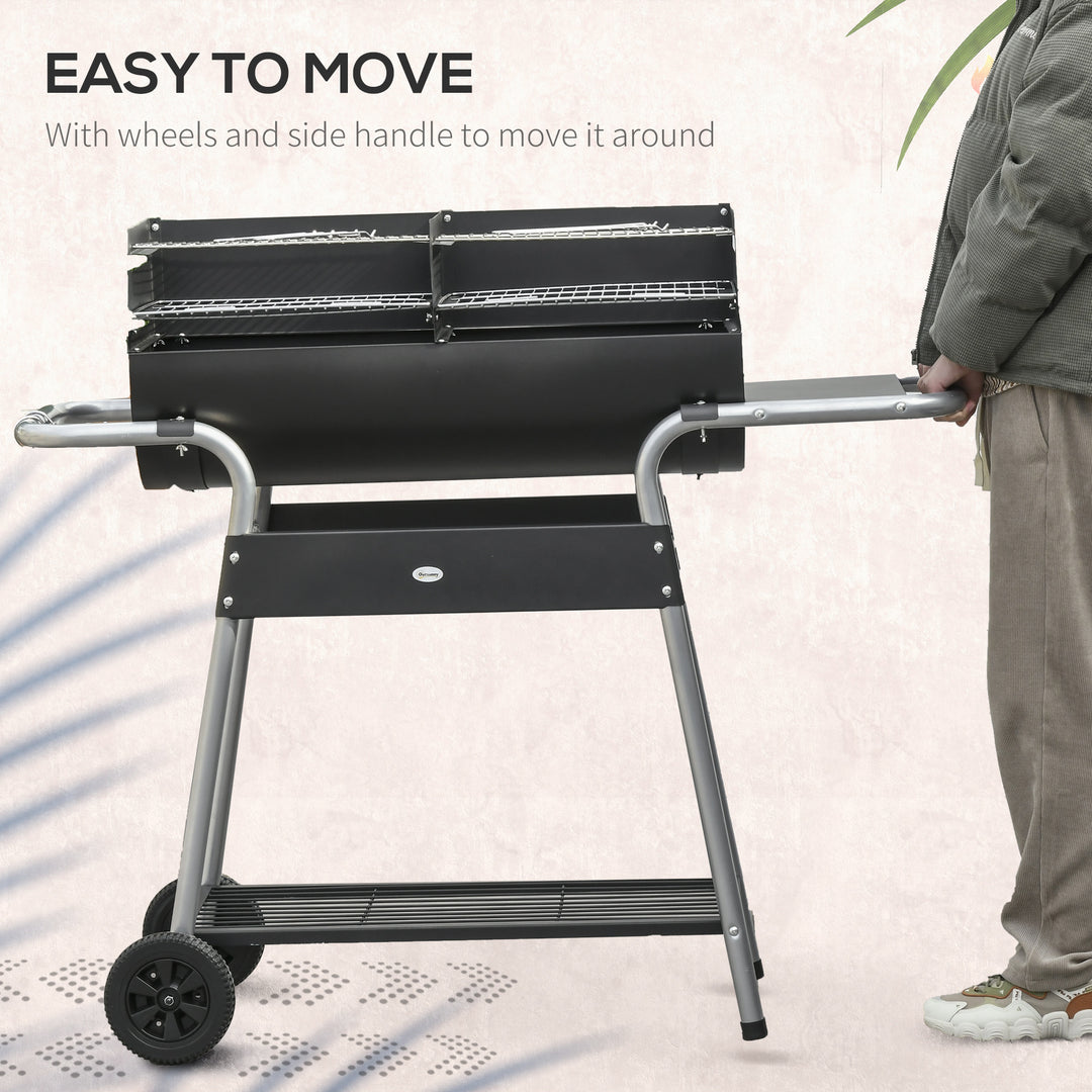 Charcoal Barbecue Grill BBQ Trolley with Double Grill, Adjustable Grill Height, Side Table, Storage Shelf, and Wheels for Outdoor Cooking, 130 x 51 x 111cm, Black