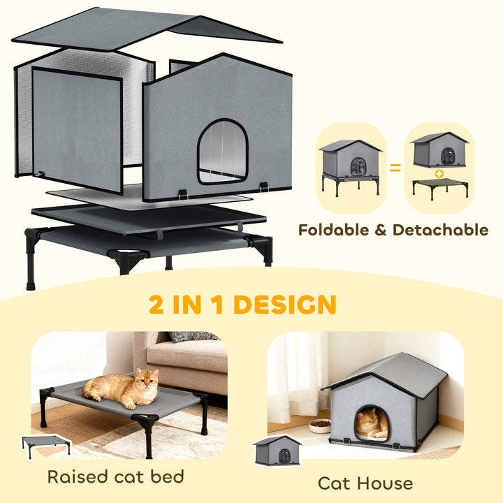 MCL Outdoor Cat House, Waterproof Insulated Cat Kennel with Elevated Base, Foldable Feral Kitty Shelter for Kittens, Grey