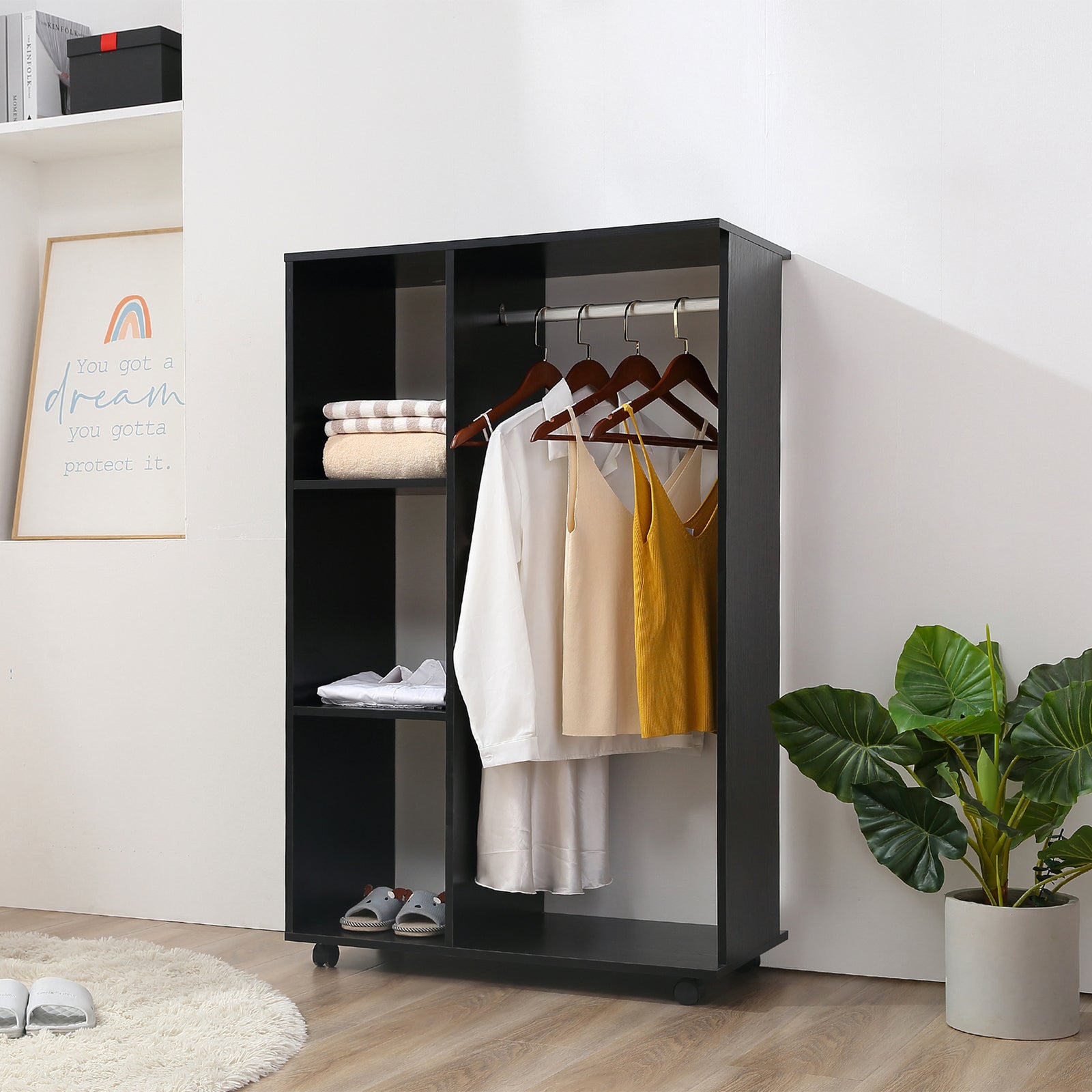 Open Wardrobe on Wheels, Bedroom Wardrobe with Clothes Hanging Rail, 3 Storage Shelves, Mobile Garment Rack for Cloakroom, Hallway, Black