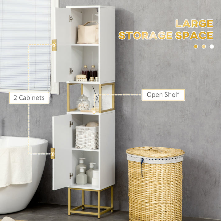 Narrow Bathroom Storage Cabinet, Freestanding Tallboy Storage Unit with Adjustable Shelf, 2 Doors and Steel Base, Slim Corner Organizer, White