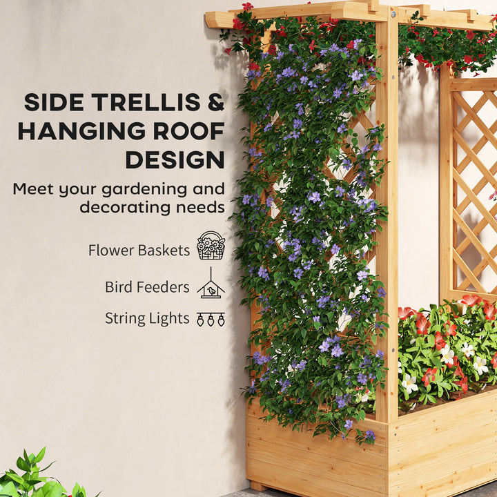 Garden Planter with Trellis, Wooden Raised Bed for Garden with Hanging Roof and Drainage Holes, Outdoor Trellis Planter Box for Vegetables, Herbs and Flowers, 110 x 44 x 113 cm