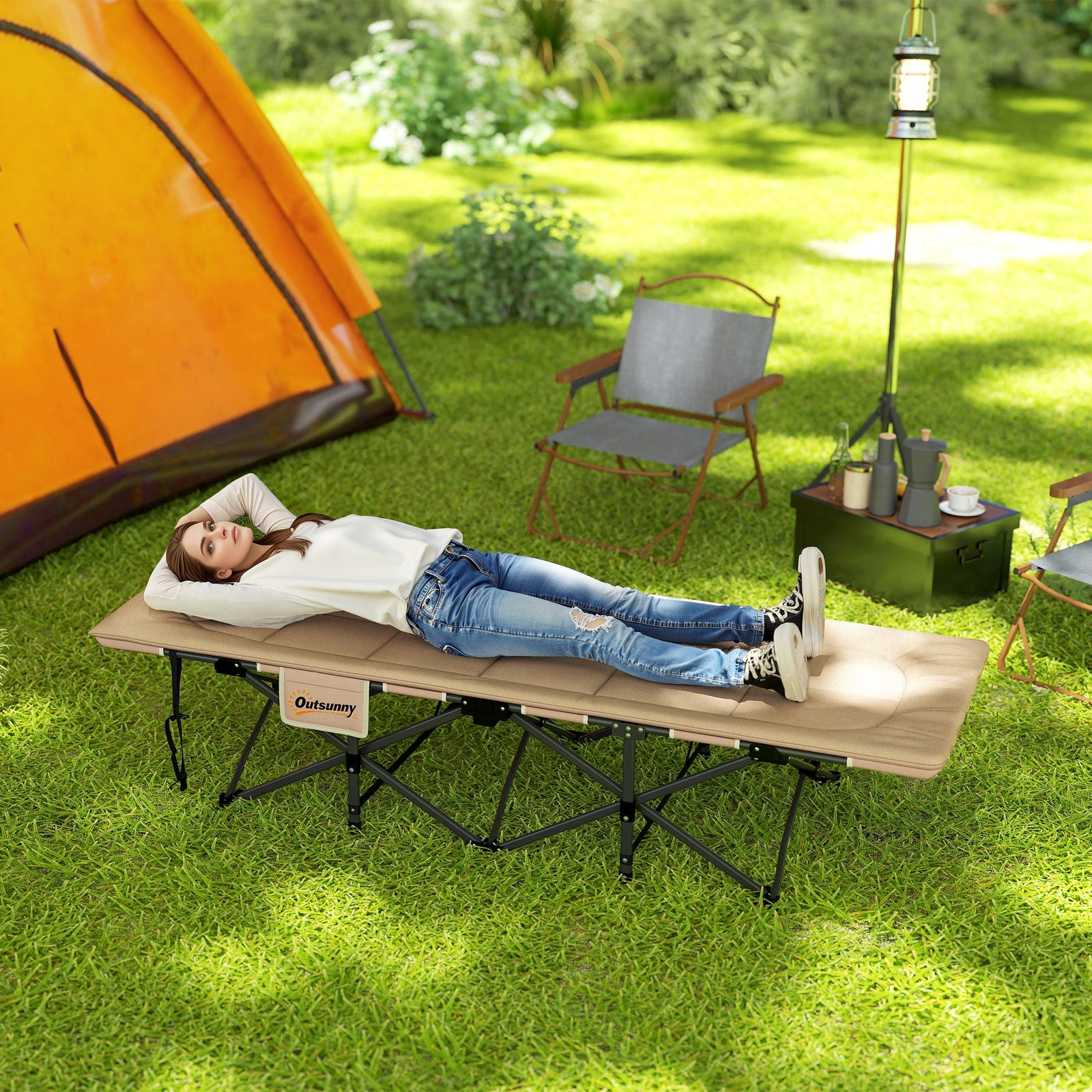 Folding Camping Bed for Adults with Cushion, Heavy Duty Portable Travel Camping Cot with Headrest, Side Pocket and Non-Slip Foot Pads for Outdoor Beach Travel Office, Khaki