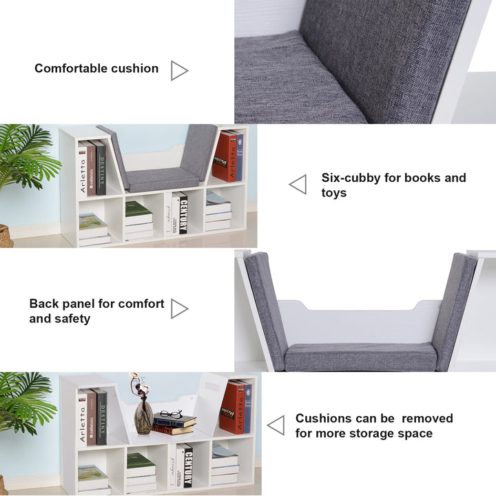 Bookcase Storage Shelf with Cushioned Reading Seat, Cube Bookshelf Organizer for Bedroom Living Room, White