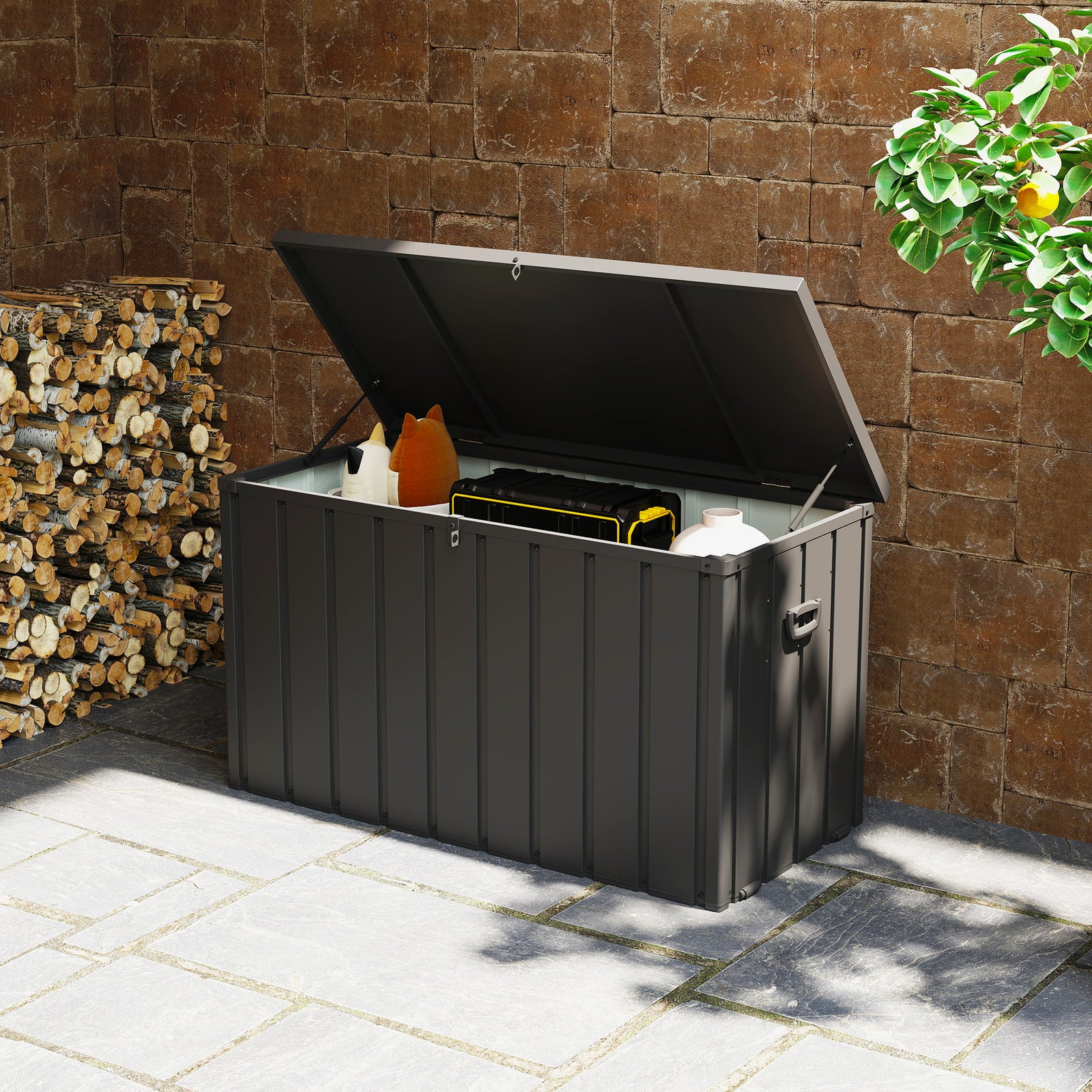 450L Galvanised Steel Garden Storage Box, with Wheels - Dark Grey