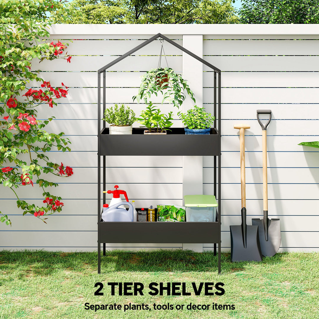 2 Tier Plant Stand, Outdoor Indoor Metal Plant Stand with Hook, House-