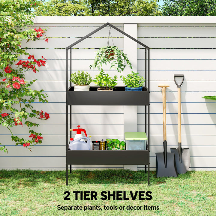 2 Tier Plant Stand, Outdoor Indoor Metal Plant Stand with Hook, House-