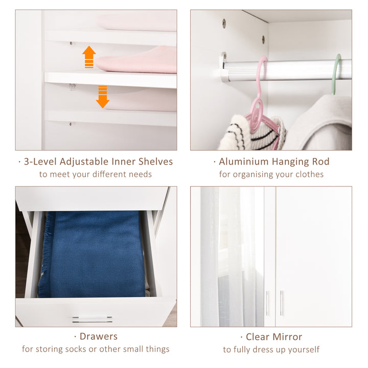 2 Door 3 Drawer Mirrored Wardrobe with Hanging Rail, Modern Clothes Storage Cupboard with Mirror, Drawers and Adjustable Shelves for Bedroom, 80 x 50 x 180 cm, White
