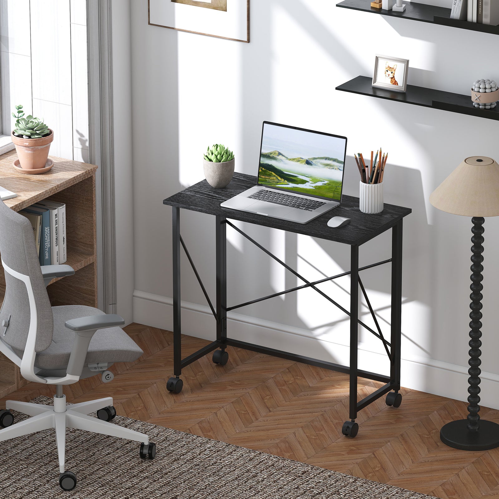 80 cm Folding Desk on Wheels - Black