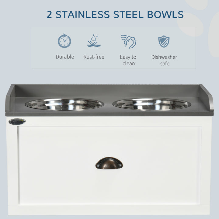 PawHut Stainless Steel Raised Dog Bowls with 21L Storage Drawer for Large Dogs and Cats - White | Aosom UK