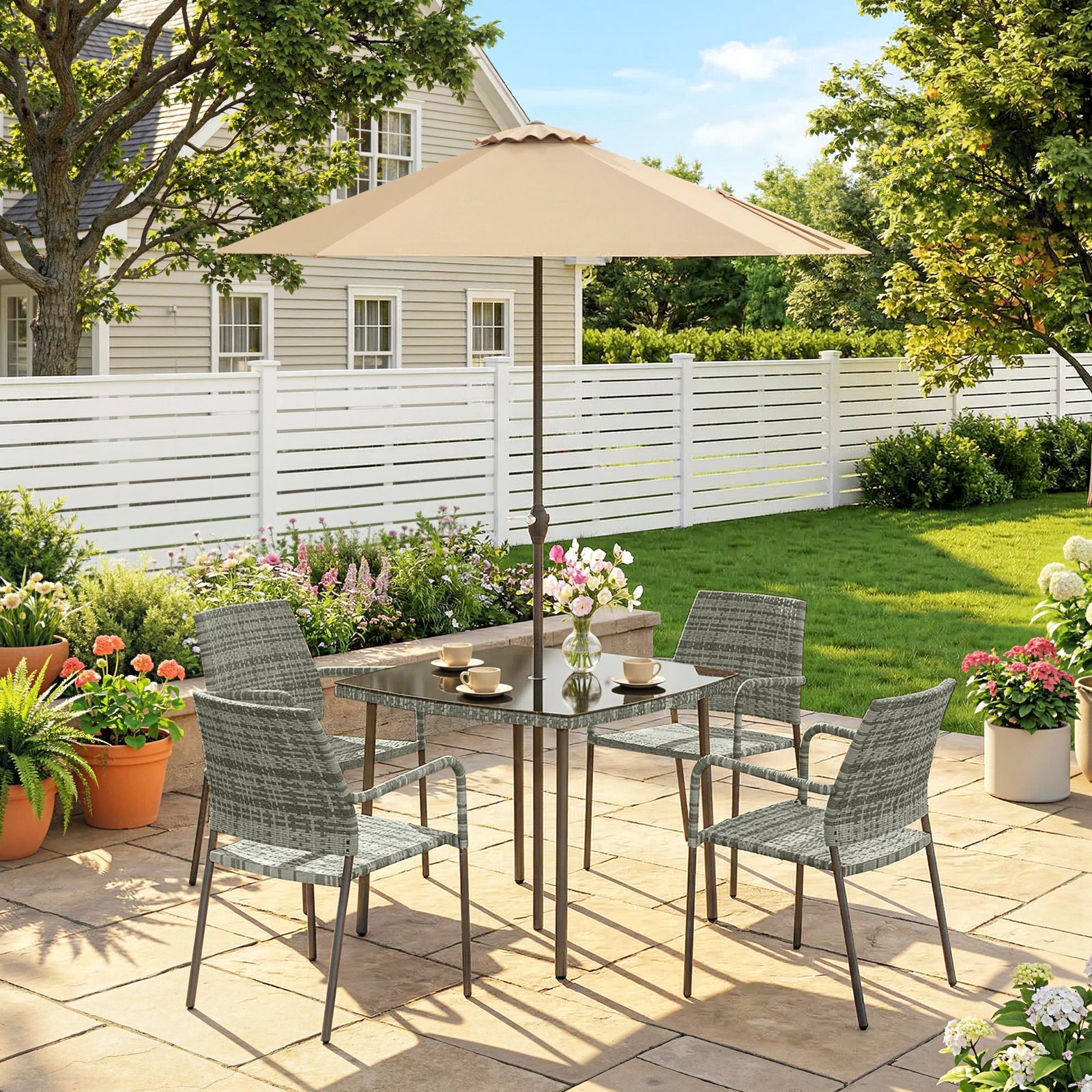 4 Seater Rattan Dining Set with Parasol, 6 Piece Garden Table and Stac